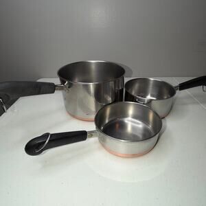 Revere Ware Copper Bottom 3 Piece Saucepots Stainless Steel No Lids 1801 USA VTG